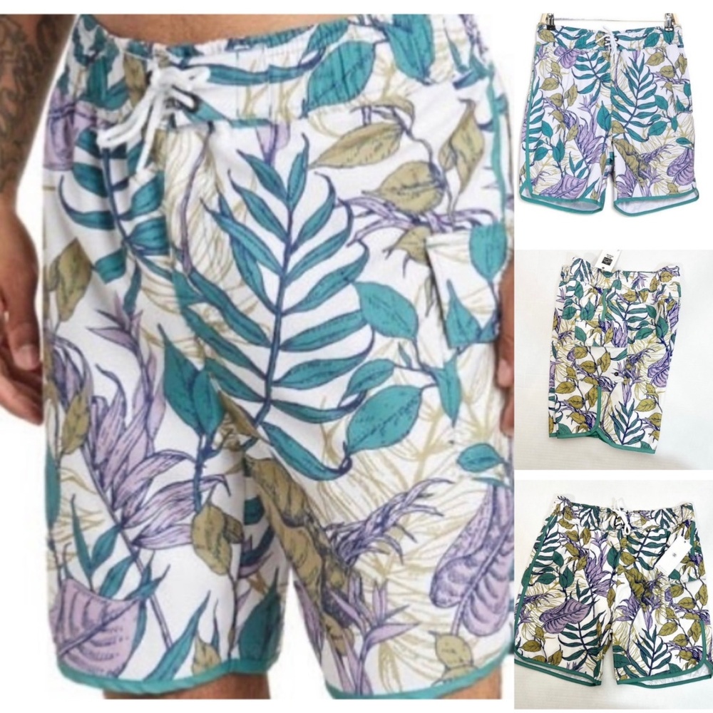 Sovereign Code NWT Sz L Botanical/Ecru Joyride Tropical Drawstring Swim Trunks
